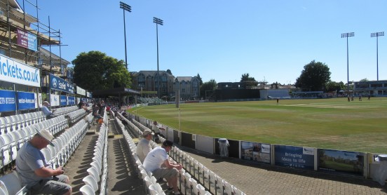 IMG_1048 Tight confines at Chelmsford. Tea on the second day. Most spectators had taken refuge wherever they could find shade. Chelmsford each set of lights spread over two pylons.