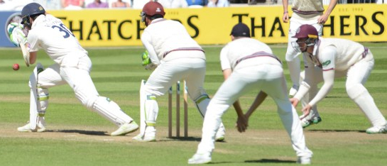 CC 2018 Som v Hants Day 4 Rilee Rossouw (defends in long p'ship with JV - FW) Copyright Michael Williams