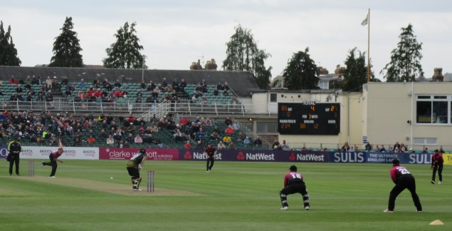 IMG_1234 RLODC 50-Over Gloucs v Som 280419 C Overton bowls to Roderick imm. after running out Dent