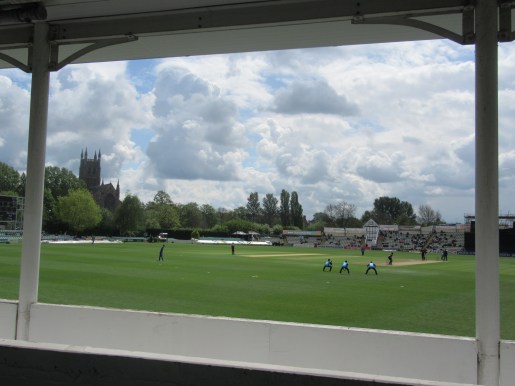 IMG_1263 RLODC QF 100519 Worcs v Som Banton and Ali get Somerset's inns underway - through picture frame front of the New Road Stand