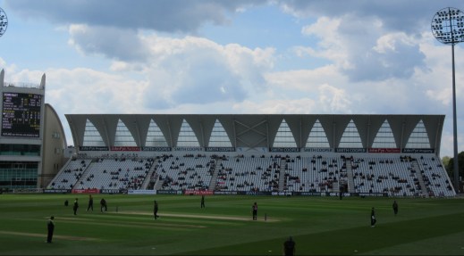 IMG_1294 RLODC SF Notts v Som 120519 Tom Abell prepares to face Luke Fletcher with Somerset on 222 for 3. The huge Smith Cooper Stand is in the background.